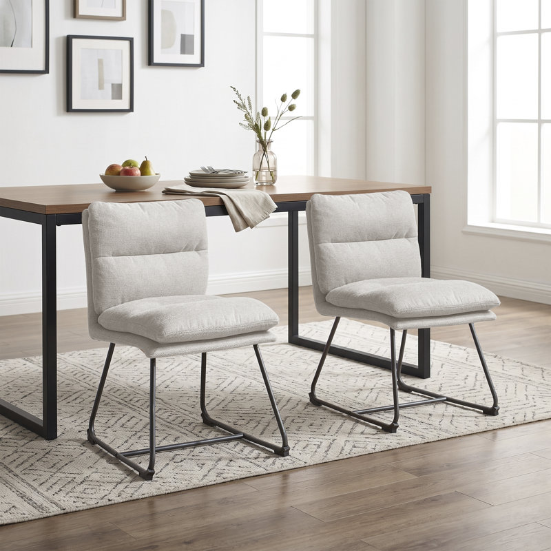 Jed Faux Leather/Linen Upholstered Dining Side Chair with Metal Sled Base, Linen Beige