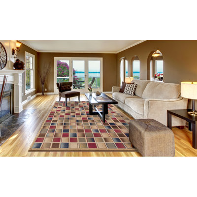 Tapis beige, bleu et brun à motif géométrique tissé à plat Savoy