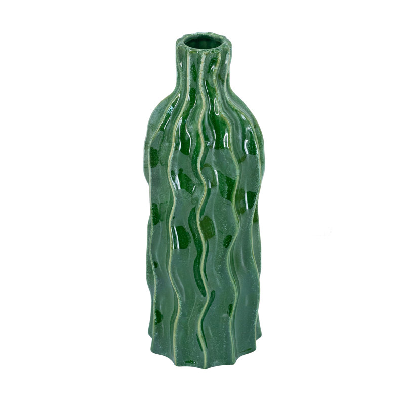  Ridged Ceramic Bottle Vase With Green Reactive Glaze, 14.2" H x 4.9" W x 4.9" D