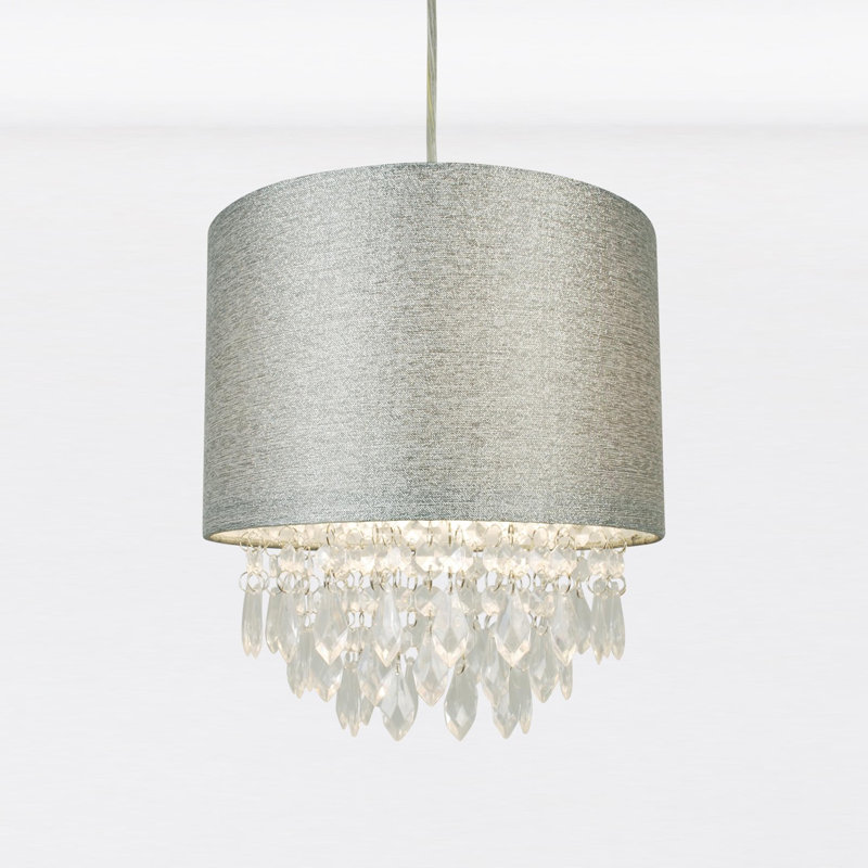 26cm H Cotton Drum Pendant Shade ( Uno ) in Sparkle Grey With Clear Jewels