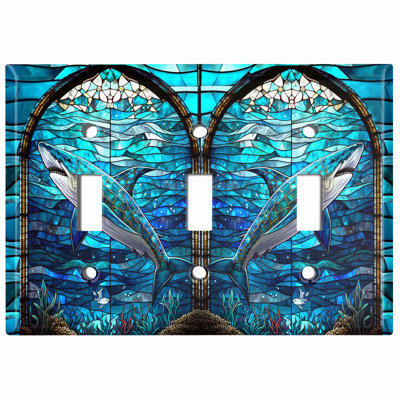 White Shark Blue Glass Art Print Copper Rust Patina Teal Print 3 - Gang Toggle Light Switch Standard Wall Plate