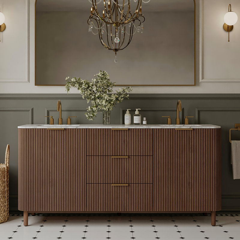 Meuble-lavabo double 72 po avec marbre de Carrare Nova, Bouleau brun