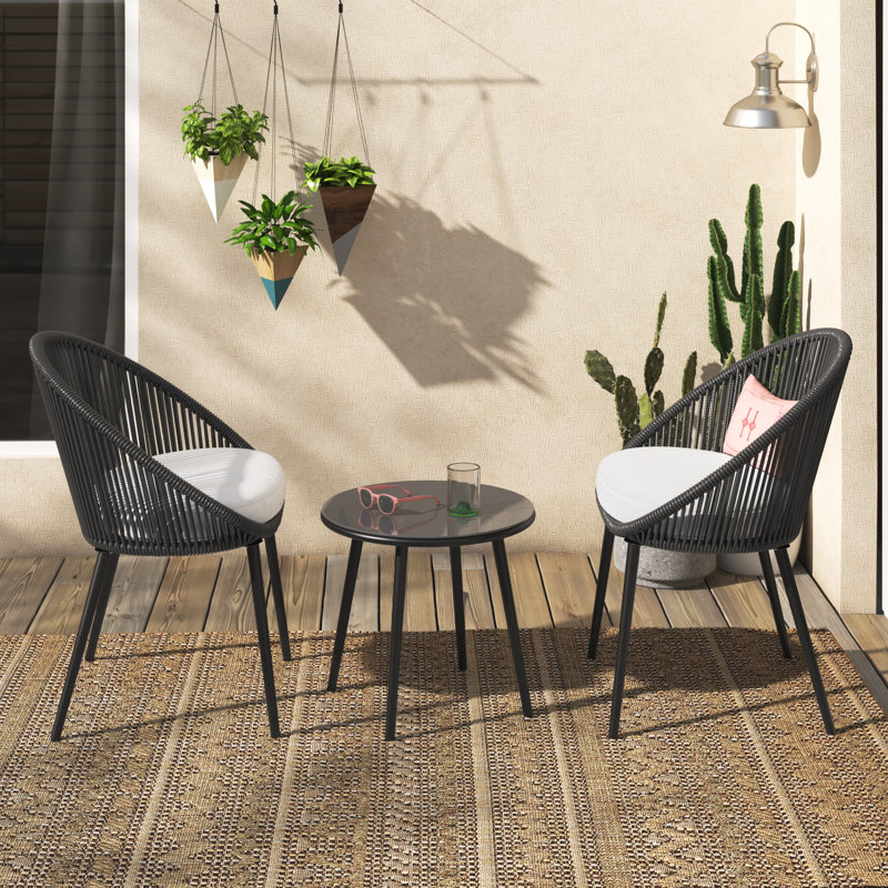 Febus 3-Piece Patio Bistro Set, Outdoor Conversation Chair Set Balcony with Tempered Glass Coffee Table and Cushions, Water-Resistant Woven Rope for Porch, Dark Gray