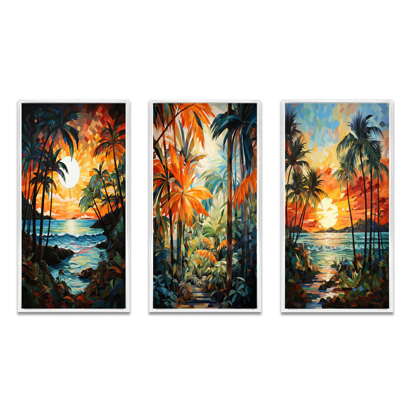 «Orange Palm Trees Mosaic IV», ensemble de 3 palmiers et palmiers, Cadre flottant blanc, H 32 po x l 48 po