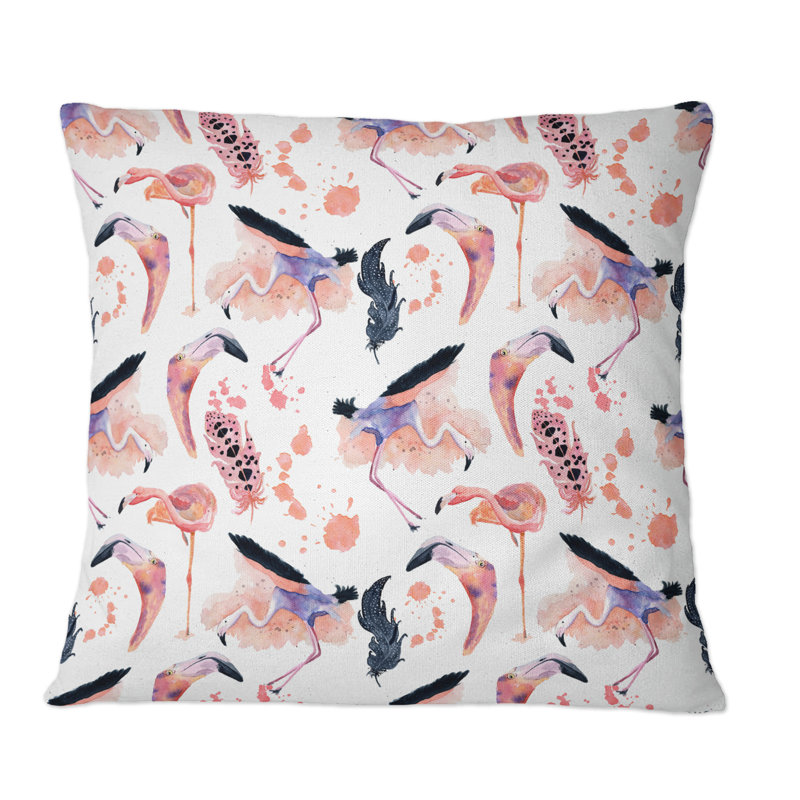 Coussin rose à imprimé flamant rose sur fond blanc I, 18 po x 18 po