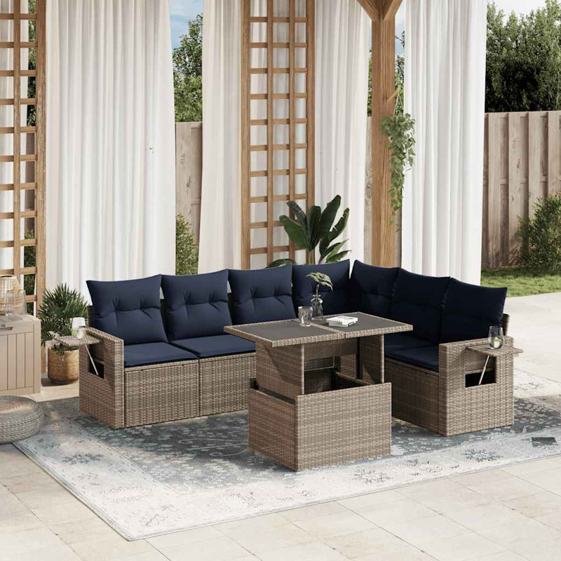 Ensemble de canapé de patio 7 pièces avec coussins en rotin de polyester, Gris, Marine