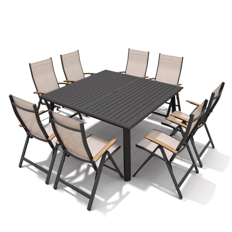 Ensemble repas pour 8 personnes en aluminium avec fauteuils inclinables et pliables
