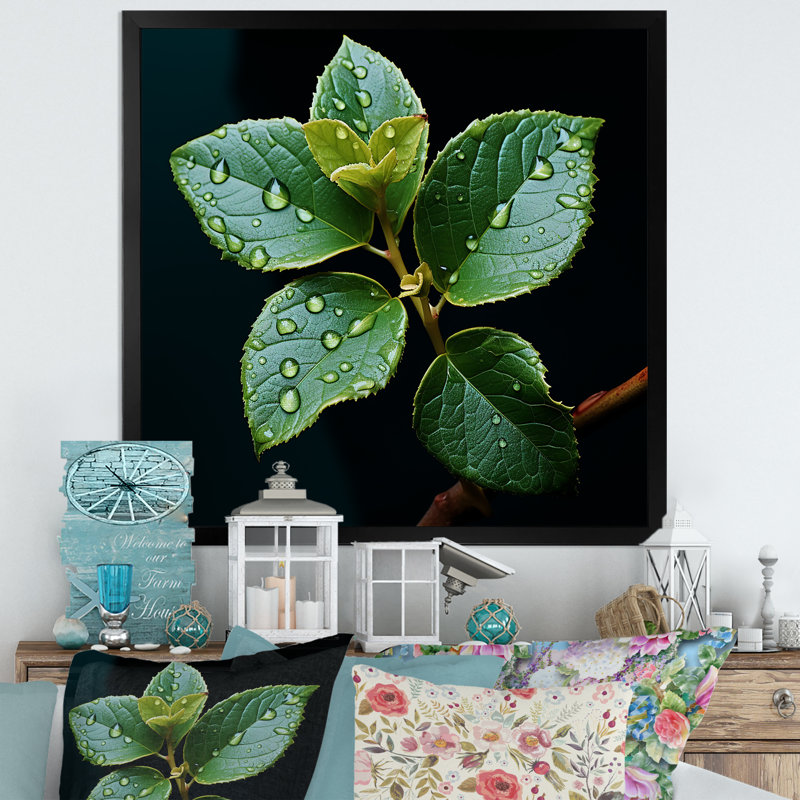 " Teal Tranquility Leaf Expression I ", Black Single Picture Framed, 24" H x 24" W x 1" D