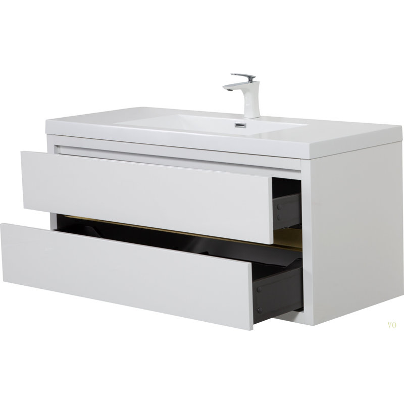 Meuble-lavabo mural 48 po avec lavabo, meuble de rangement flottant pour salle de bain avec comptoir en résine de pierre et tiroirs à fermeture en douceur entièrement assemblés