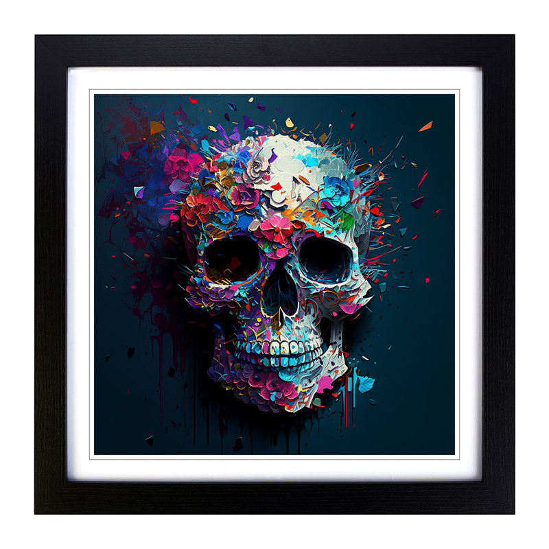Sugar Skull Palette Knife Painting - Framed Print, Black