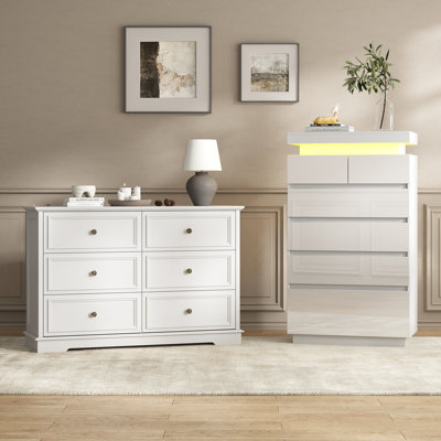 Ensemble de rangement vintage 2 pièces pour chambre à coucher avec commode haute à 6 tiroirs et commode à 6 tiroirs éclairées par DEL
