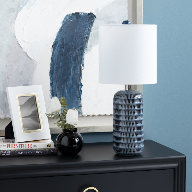 Ensemble de 2 lampes de table en céramique avec abat-jour en lin, Bleu, Blanc