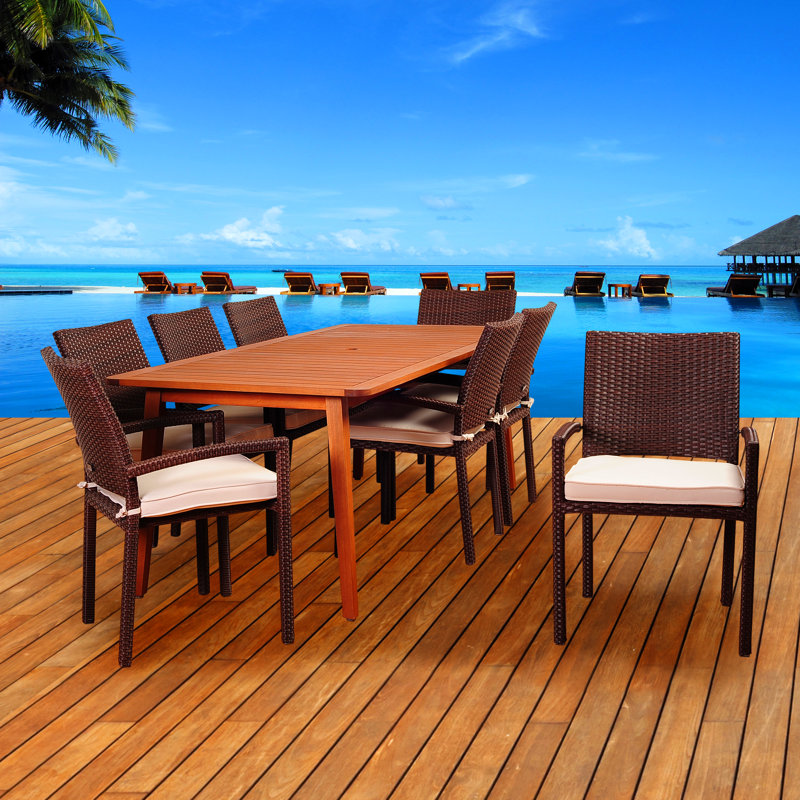 Anautica 8 - Person Eucalyptus Solid Wood Patio Dining Set Umbrella Hole Included Rectangular Table with Cushions Included