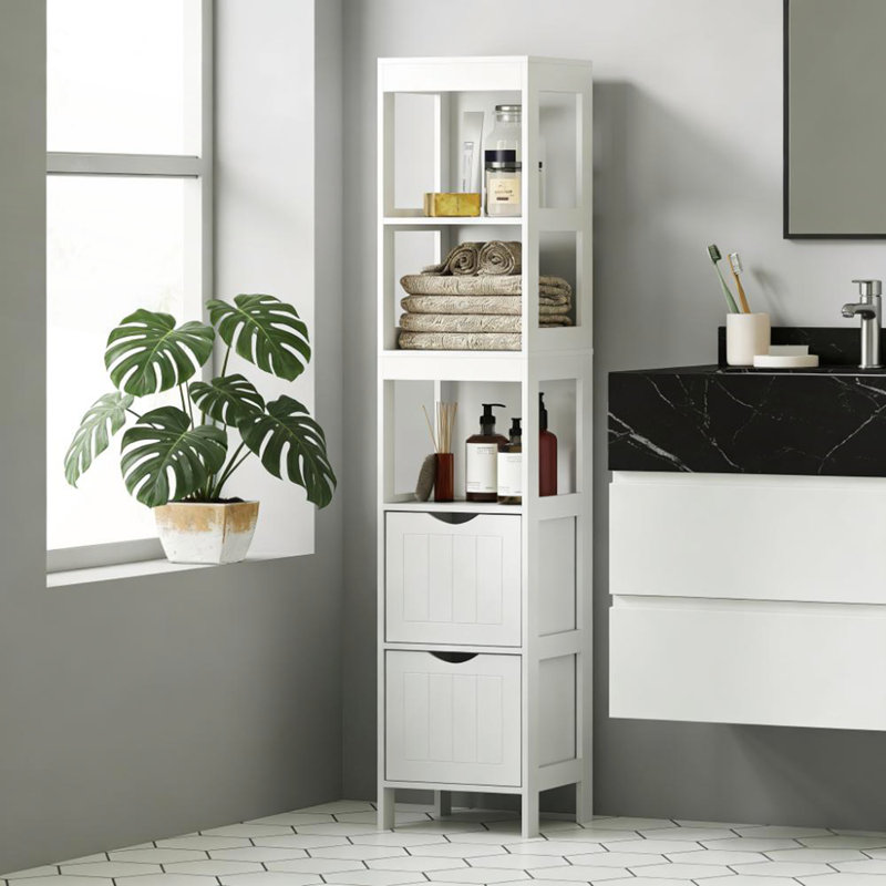 Armoire de salle de bain mince avec trois compartiments et deux tiroirs, solution de rangement compacte et élégante
