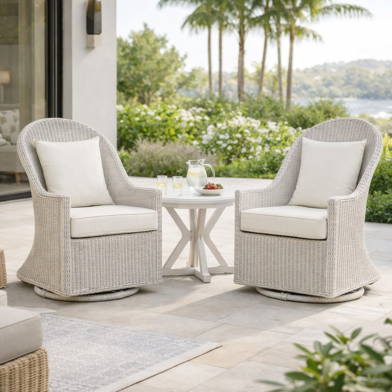 Chaise pivotante d'extérieur Tomo, design à oreilles, tissu blanc, rotin osier