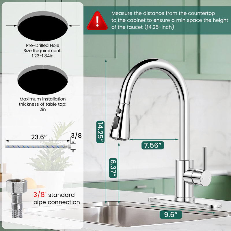 Robinet de cuisine à poignée simple avec deux modes de sortie d'eau rétractable, Chrome