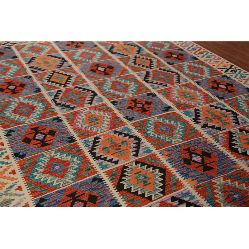 Tapis oriental géométrique en laine Kilim 8 x 12