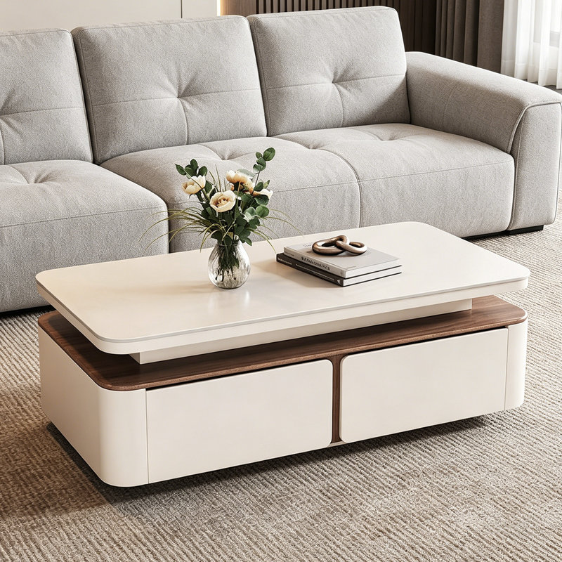 Table basse rectangulaire avec rangement Modern Simplicity, H 16,92 po x l 55,11 po x P 27,55 po, Blanc/Crème