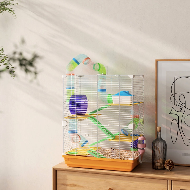 Petite cage à hamster 18 "à 5 niveaux avec tubes, tunnels, poignée de transport, orange, plat à nourriture, bouteille d'eau, roue d'exercice pour animal constitué par des hamsters et