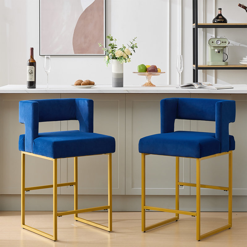 Tabouret de comptoir rembourré de 26 po avec structure en métal (ensemble de 2), Doré, Bleu