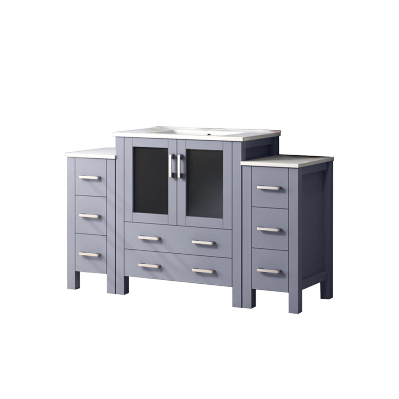 Meuble-lavabo simple 54 po Large gris foncé avec armoires latérales, plateau en céramique blanche, structure en bois massif, tiroir à fermeture en douceur, une armoire intérieure pour le rangement, surface pour teinture et égratignure, pré-percé