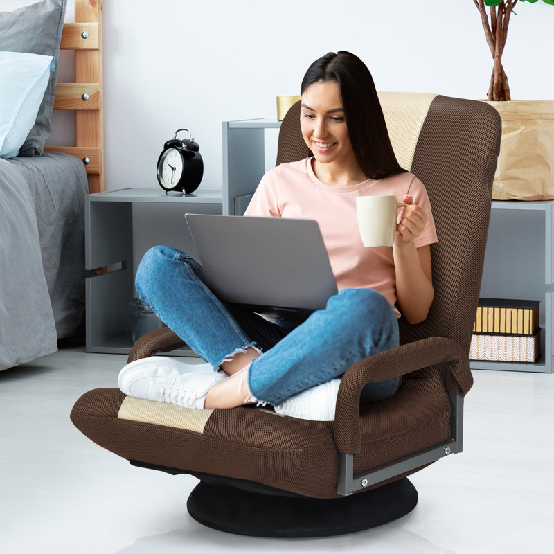 Chaise de plancher pivotante pliable à 360 degrés avec dossier réglable, Brun / beige