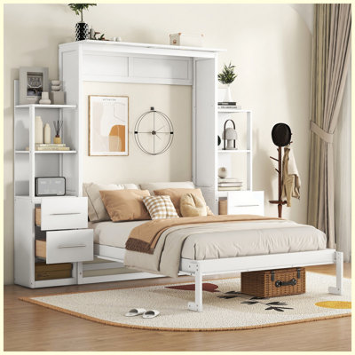 Murphy Bed Wall Bed Full Size Murphy Bed Wall Bed with Storage Drawers and LED Lights White