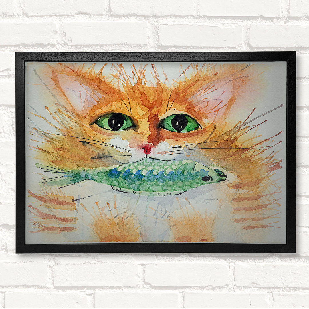 Aquarell Katze mit Fisch - Geschlossener Eckrahmen Kunstdrucke auf Holz