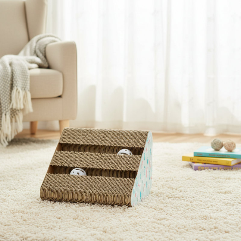 Centre d'activités à grattoir à trois côtés, avec des motifs amusants de poissons et de sushi, durables et pratiques, permettant aux chats de jouer à leur guise.