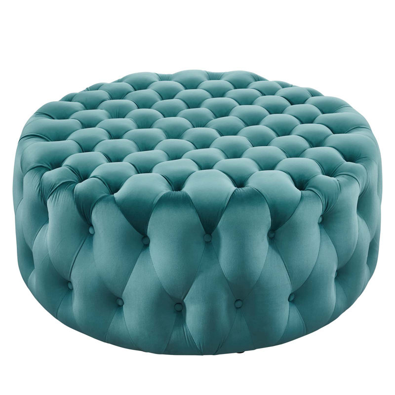 Grand repose-pieds rond en velours Performance, Velours bleu mer