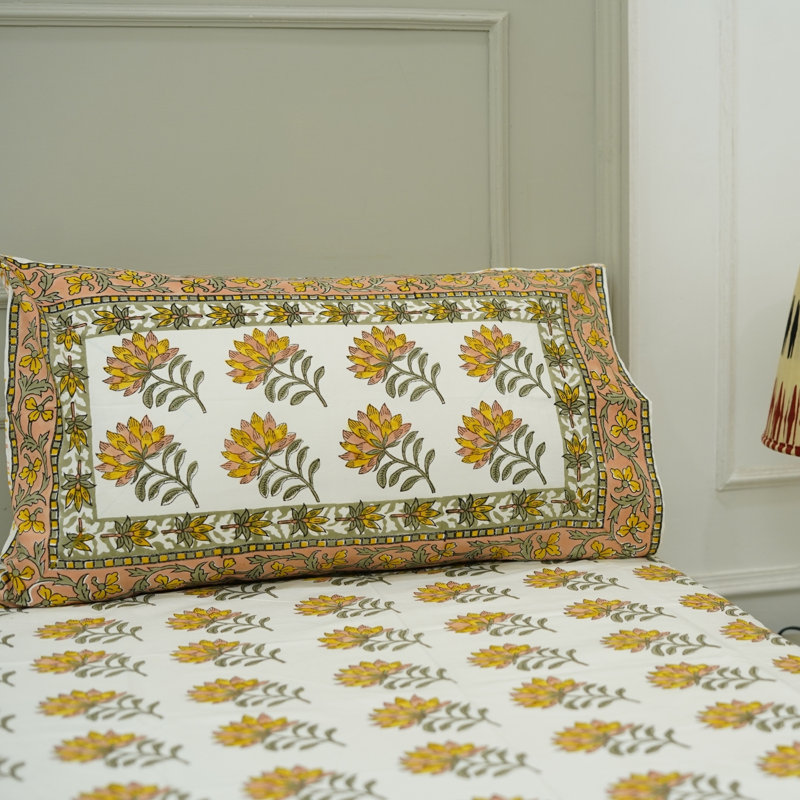 Fabdivine Pure Cotton Bedsheet Set – Handmade Bedsheet with Matching Pillow Covers – Premium Bedding, Sunflower,