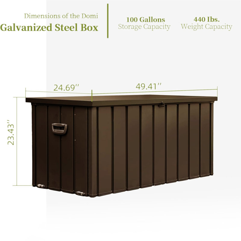 Boîte de rangement extérieure 150 gallons imperméable, H 23,43 po x l 49,41 po x P 24,69 po, Marron foncé
