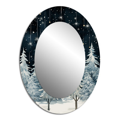 Winter Pine Tree Starry Night Sky I - Floral Oval Decorative Mirror On Metal