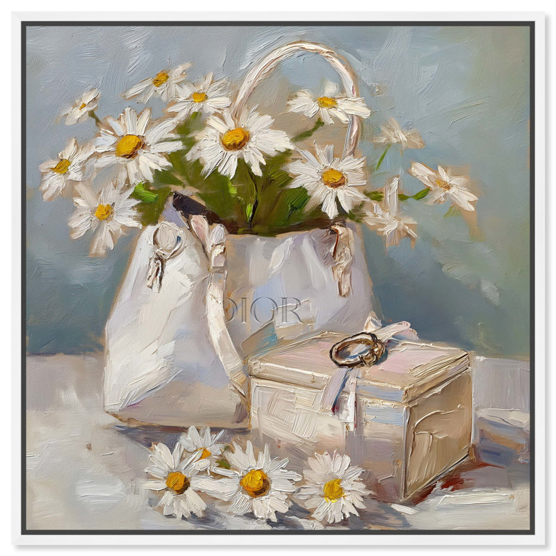 «Purse And Daisies II Chic Farmhouse Wall Art» par Art Remedy, H 41 po x l 41 po, Cadre blanc