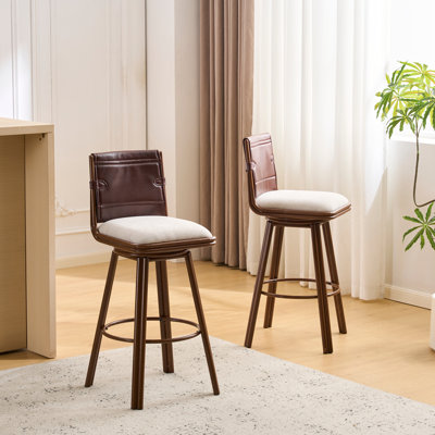 Sibyl Indoor Upholstered Swivel Bar Stool with Metal Frame, Walnut Finish and Beige Upholstery, Set of 2