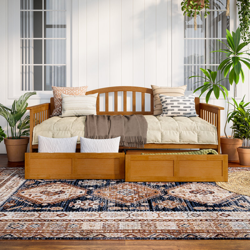 Lit de jour en bois avec tiroirs de rangement Mission, Light Toffee