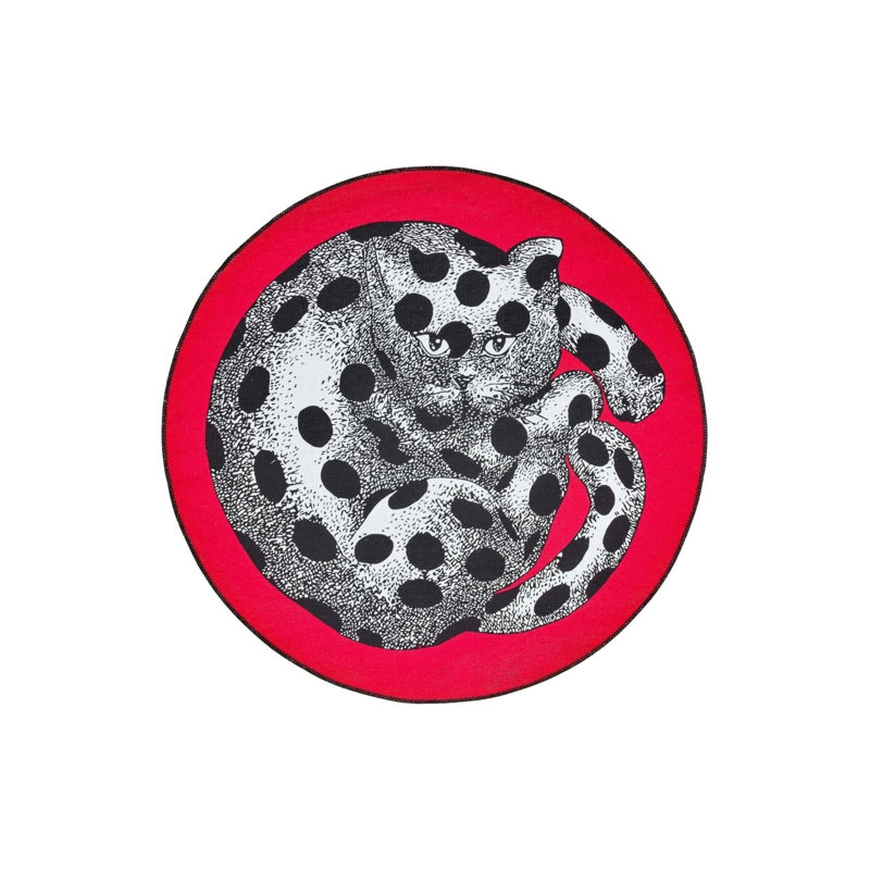 Cat Themed Red Black And White Carpet, Round 4'