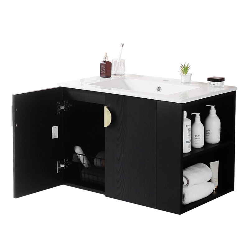 Meuble-lavabo 30 po avec lavabo en céramique, porte et armoire de rangement, Noir, Or