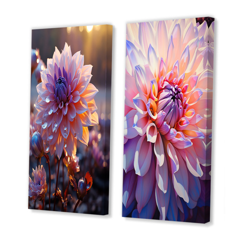 Violet Dahlia Bloom On Sunrise - Ensemble de 2 décorations murales Dahlia, H 28 po x l 25 po, Toile tendue
