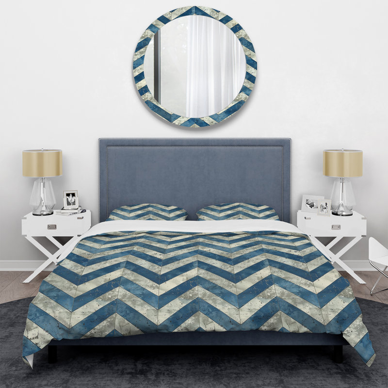 Ensemble de housse de couette à chevrons bleu et beige Charm I, Housse de couette très grand + 2 taies décorativ