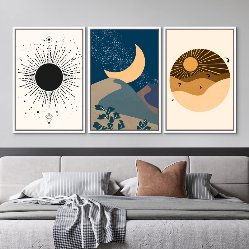 "Mid-Century Astronomie Lune Soleil Variété Nature Abstrait Art Moderne Boho Décor Chic" 3 - Pièces, Blanc, H 24 po x l 16 po