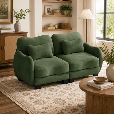 Canapé-lit en chenille vert avec coussin de taille et accoudoirs courbés