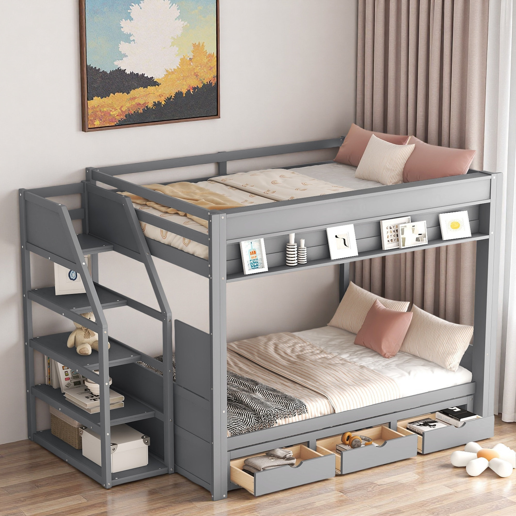 Harriet Bee Convertible Bunk Bed With Storage Staircase, Bedside Table