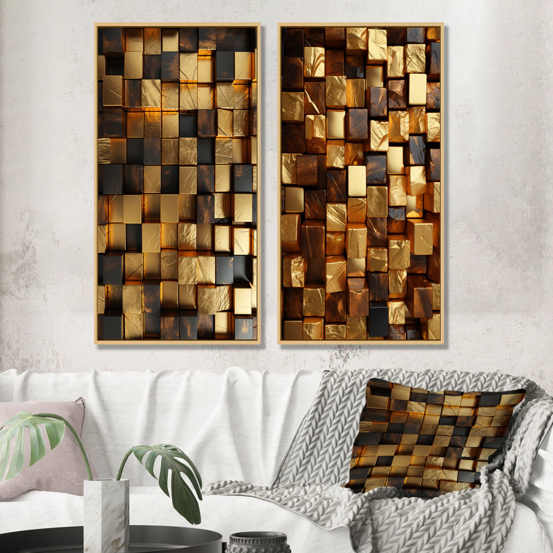 Cubes abstraits noirs et dorés I - ensemble de 2 reproductions d'art géométriques abstraites, Cadre flottant brun