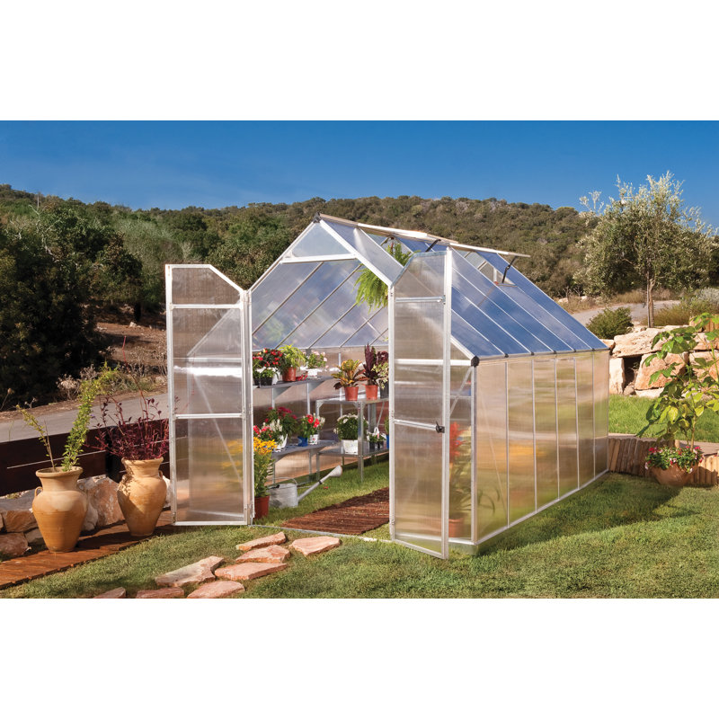 Palram - Canopia Essence 8' W X 12' D Greenhouse Walk-In Hobby Twin Wall Polycarbonate Aluminum Frame Greenhouse Kit With Roof Vents - Silver