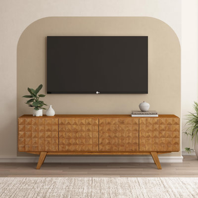  Sapa Mid-Century Modern Solid Wood TV Stand 4-Door Media Console with Carved Geometric Fronts for TVs up to 75", Effortless Assembly