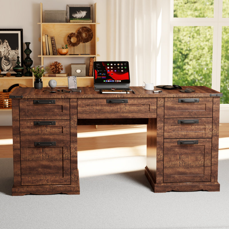 Bureau de direction 60 po avec tiroirs, bureau à domicile en bois avec station de charge, Brun