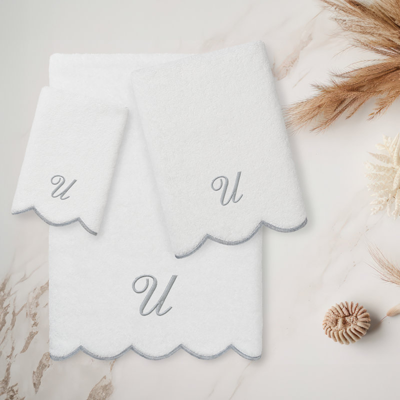  Ensemble de serviettes personnalisées 100% coton ADORNIA, Ensemble 3 serviettes de bain, U, Blanc / Gris