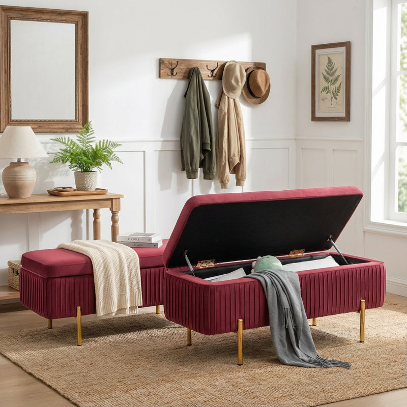 Leaysia Velvet Upholstered Flip Top Storage Bench, Red