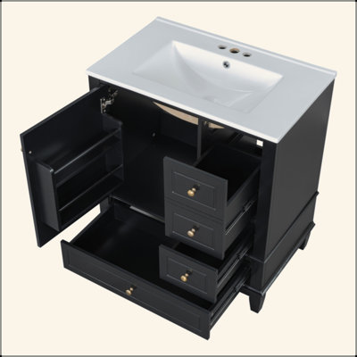 30" Bathroom Vanity With Sink, One Door With Shelf And Three Drawers, Soft Close Door